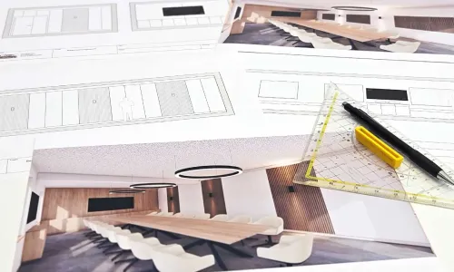 Planungsunterlagen mit Entwurf, Ma&szlig;stab und Rendering eines Besprechungsraums