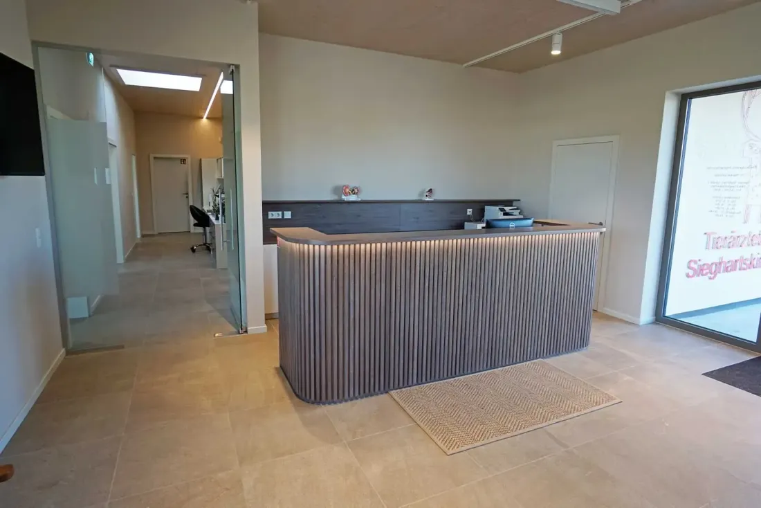 Moderne Theke im Eingangsbereich aus Holz