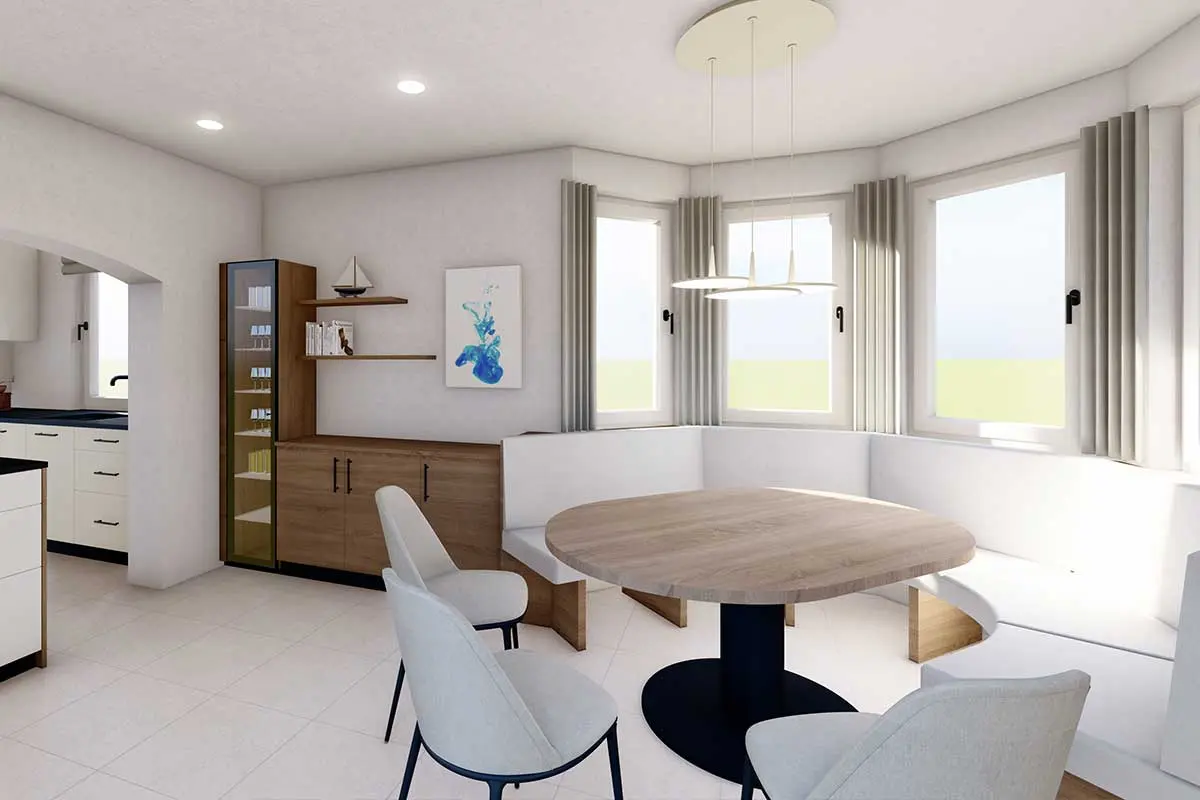 3D-Visualisierung eines Essbereichs mit maßgefertigter Sitzbank und Holztisch