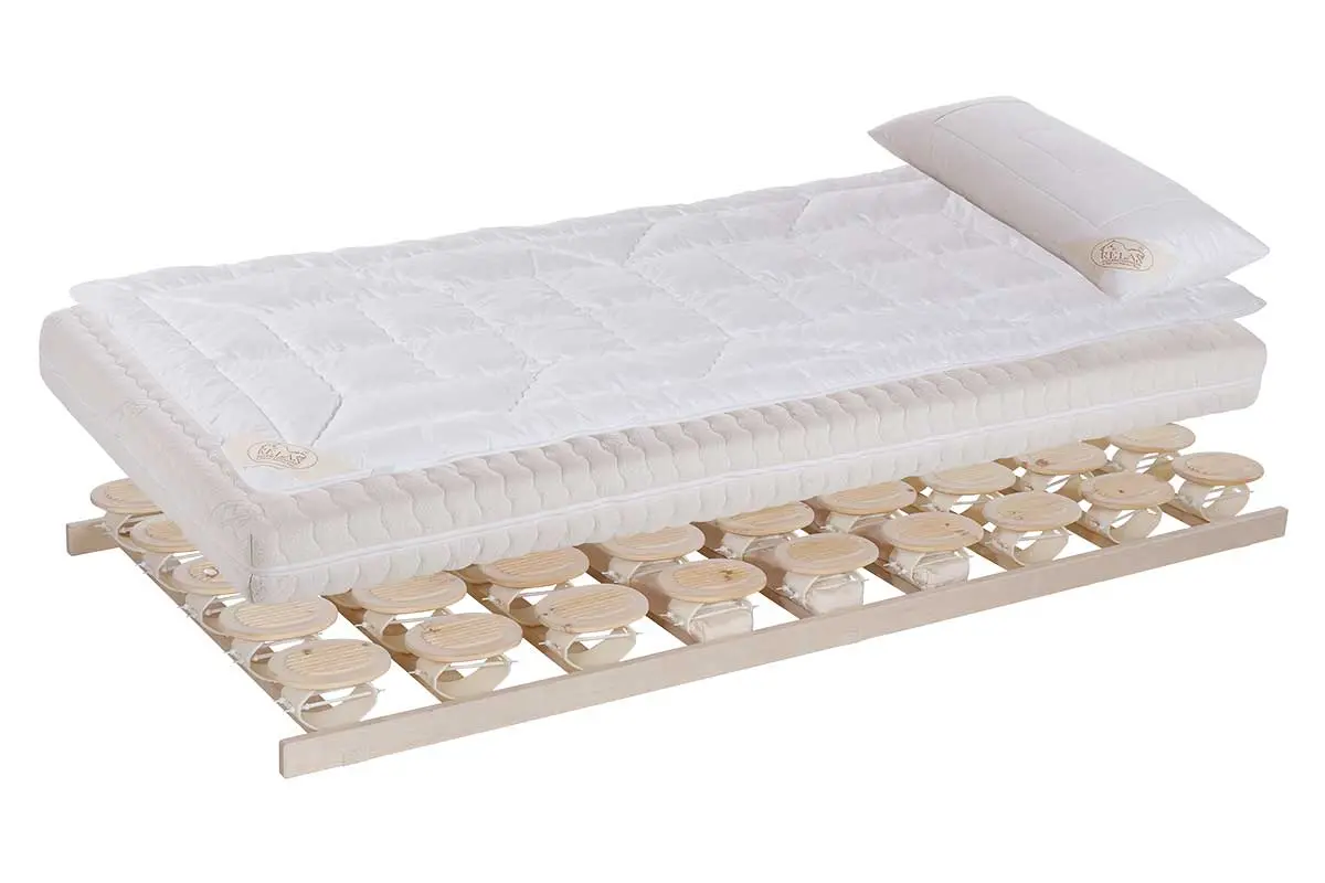 Schlafsystem mit Matratze und Holzunterbau mit Tellerelementen für ergonomischen Komfort